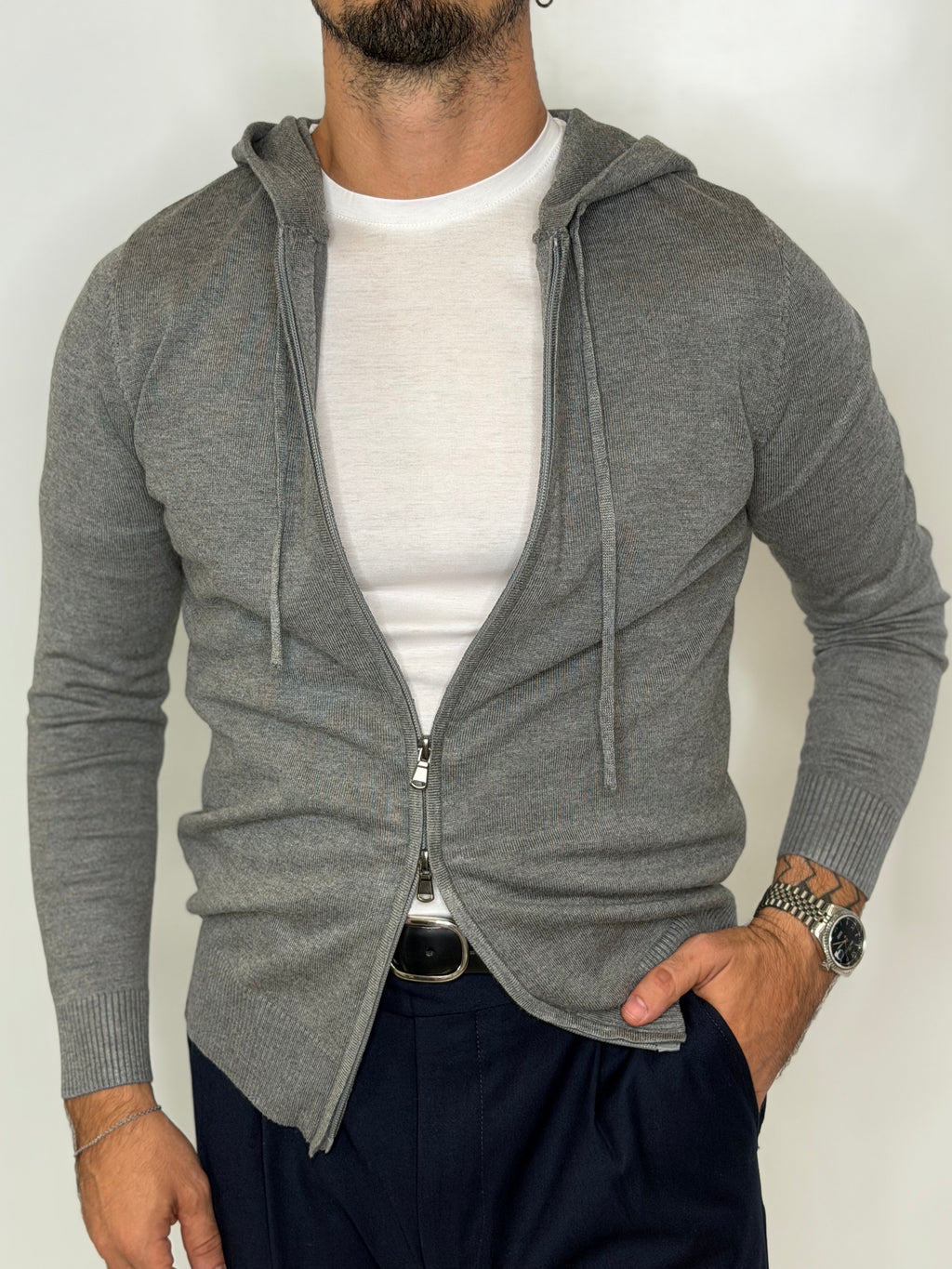 Cardigan Zip Cappuccio Grigio