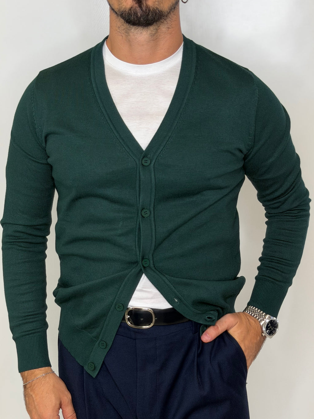 Cardigan Liscio Verde Bosco