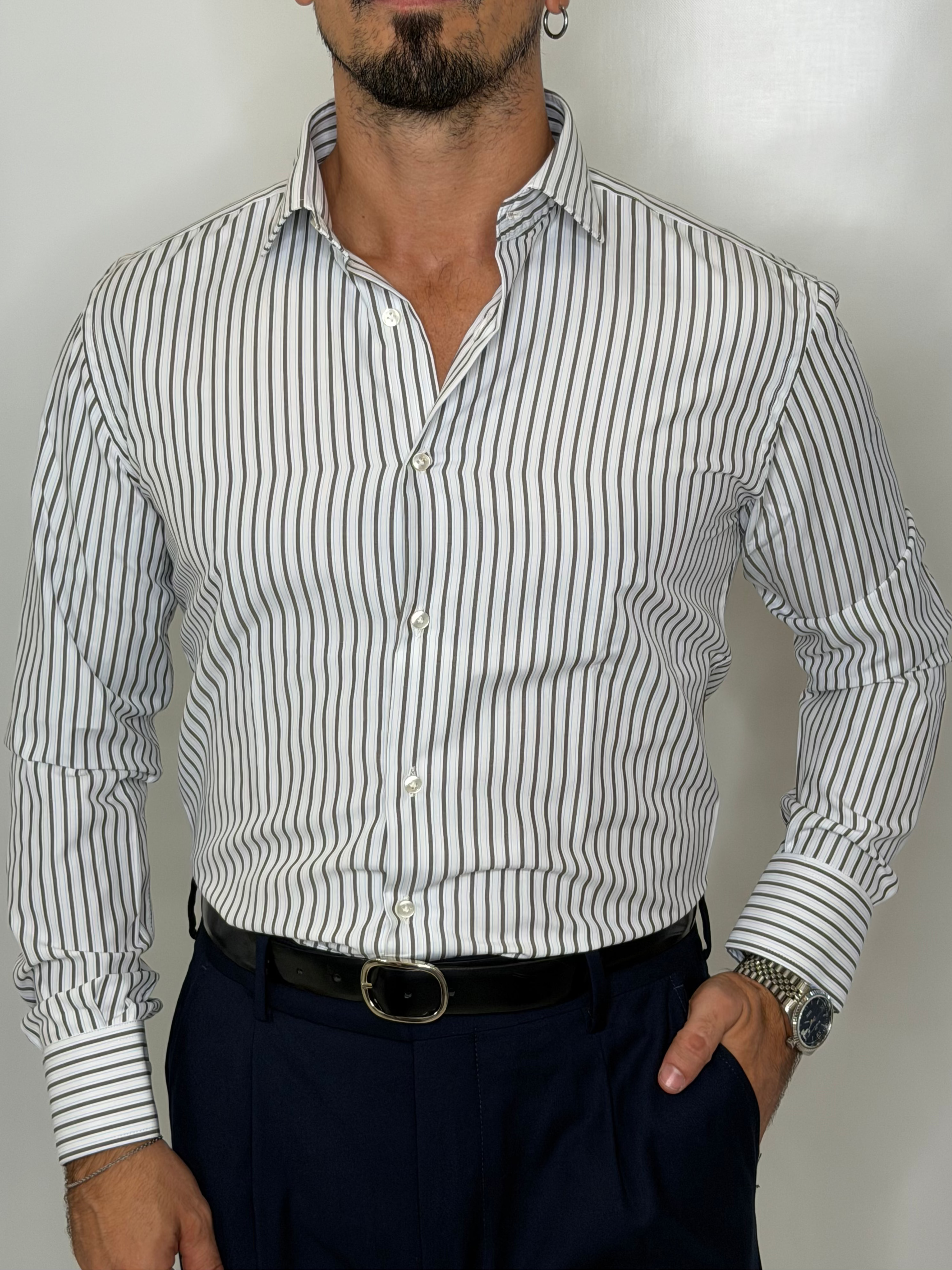 Camicia in Cotone Riga Bicolore Moro