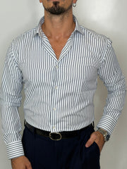 Camicia in Cotone Riga Bicolore Blu
