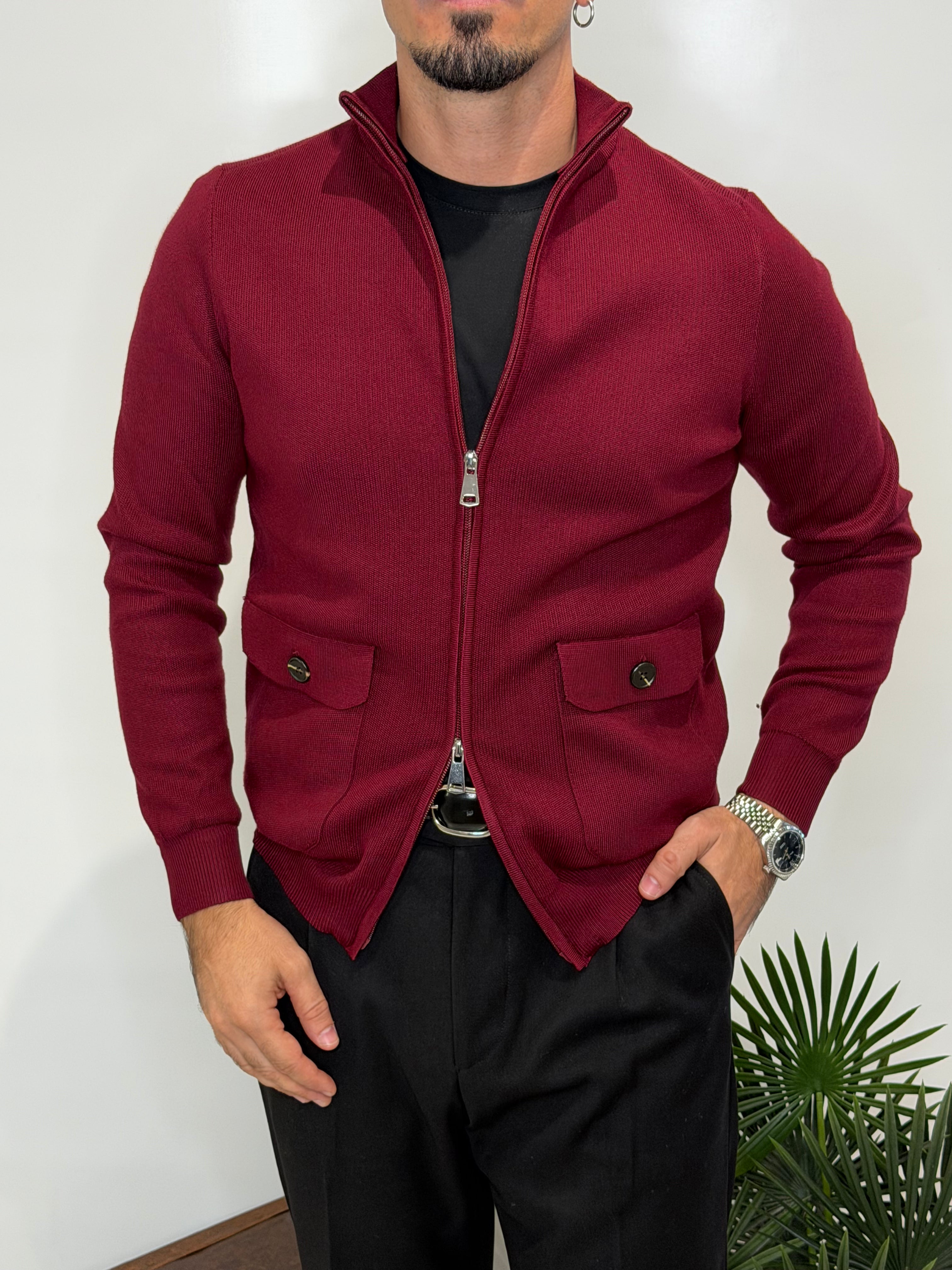 Cardigan Zip Tasca Bordeaux