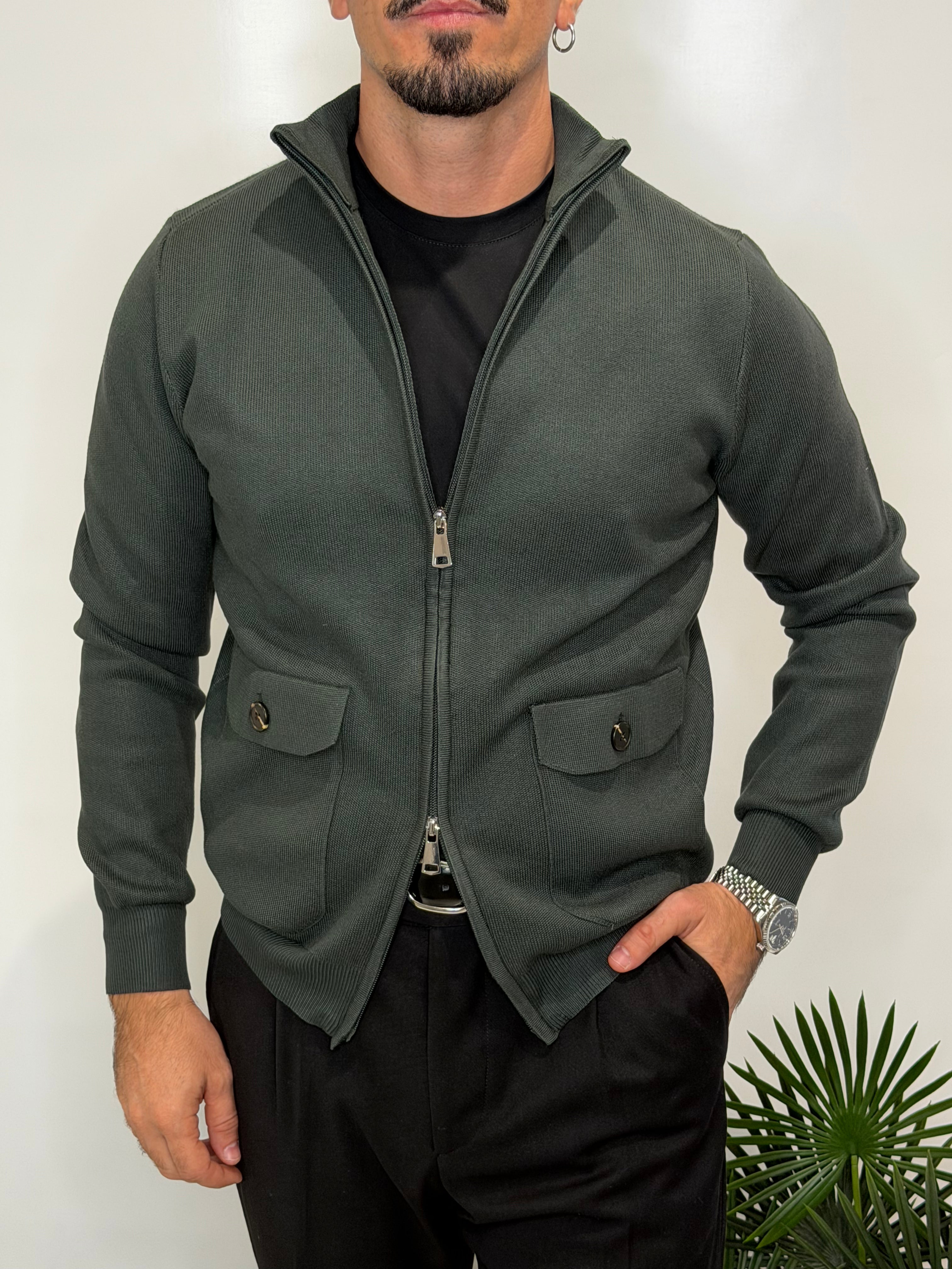 Cardigan Zip Tasca Verde Bosco