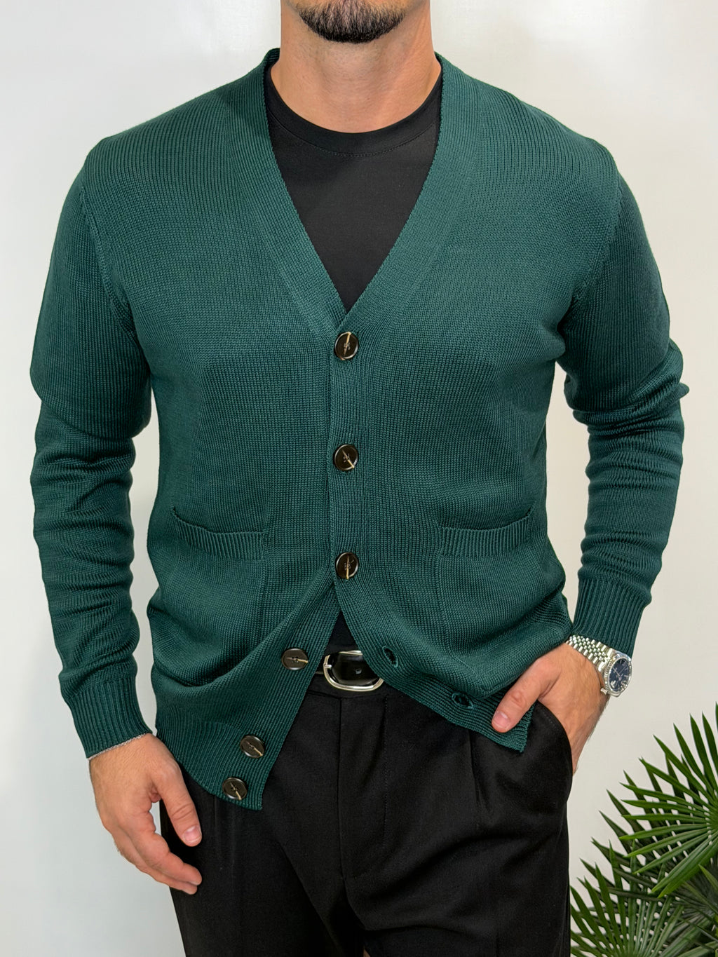 Cardigan Doppio Tasca Verde Bosco