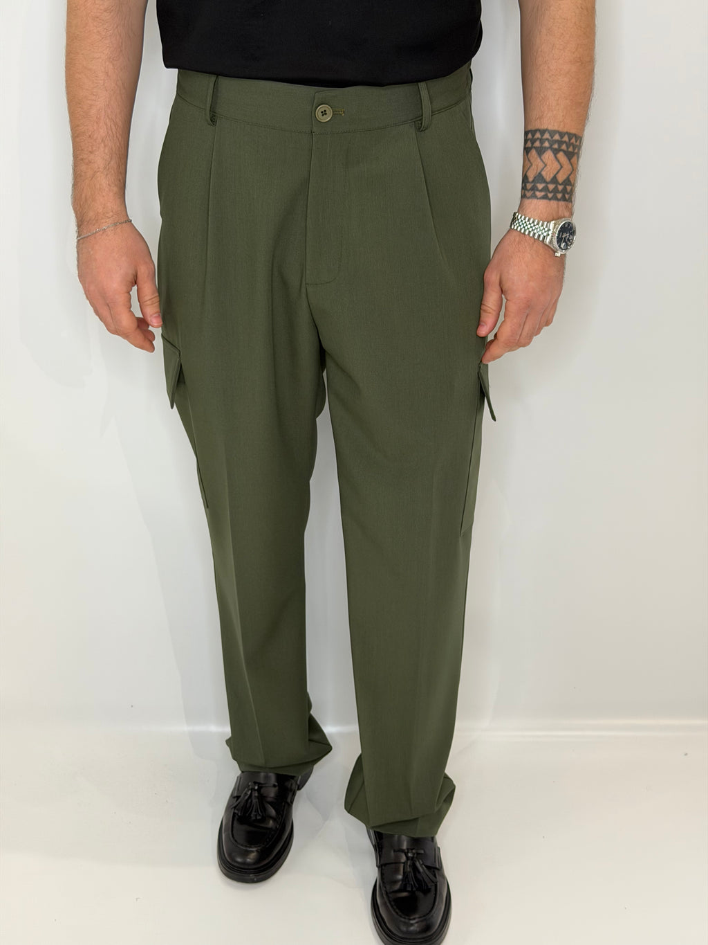 Pantalone Cargo Fondo Ampio Verde Bosco
