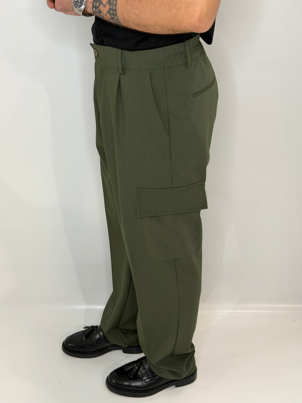 Pantalone Cargo Fondo Ampio Verde Bosco