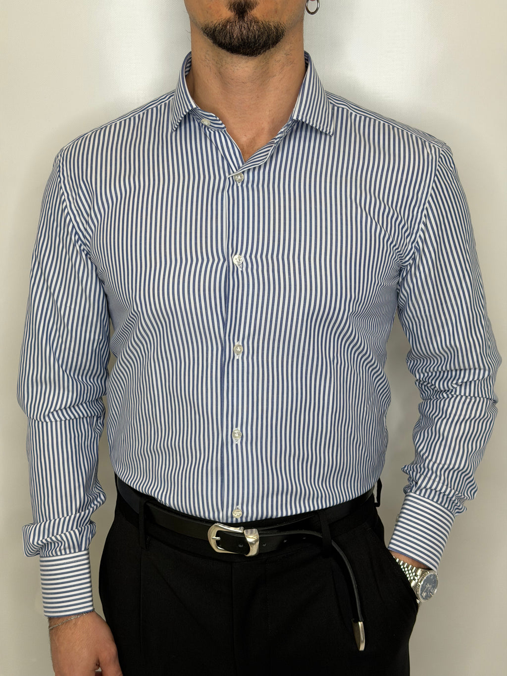 Camicia in Cotone Riga Blu