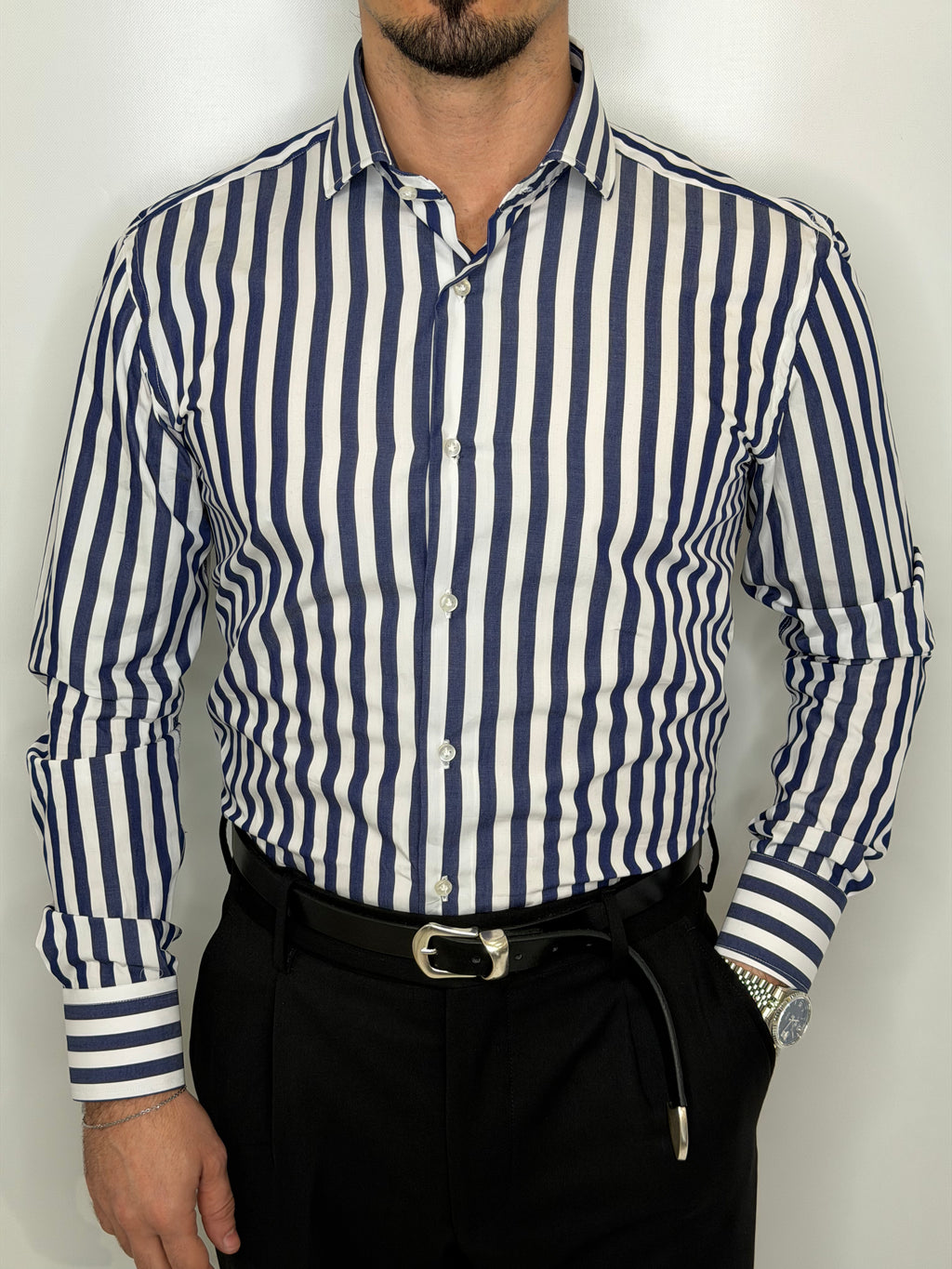 Camicia in Cotone Riga Doppia Blu