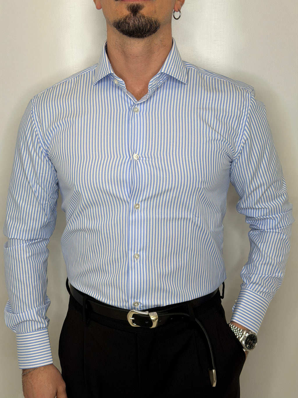 Camicia in Cotone Riga Azzurra