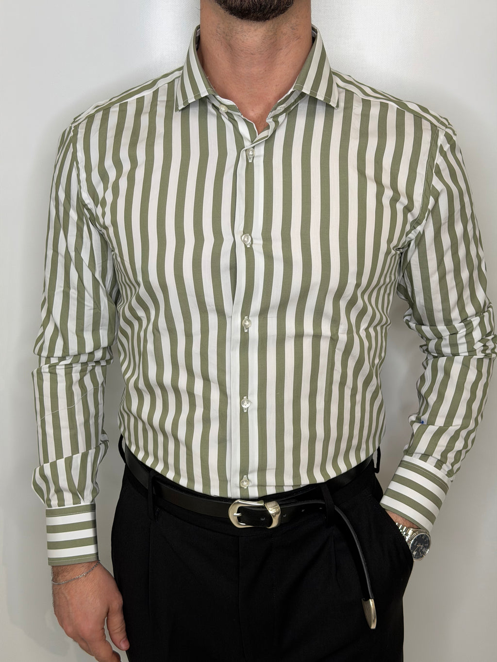 Camicia in Cotone Riga Doppia Verde