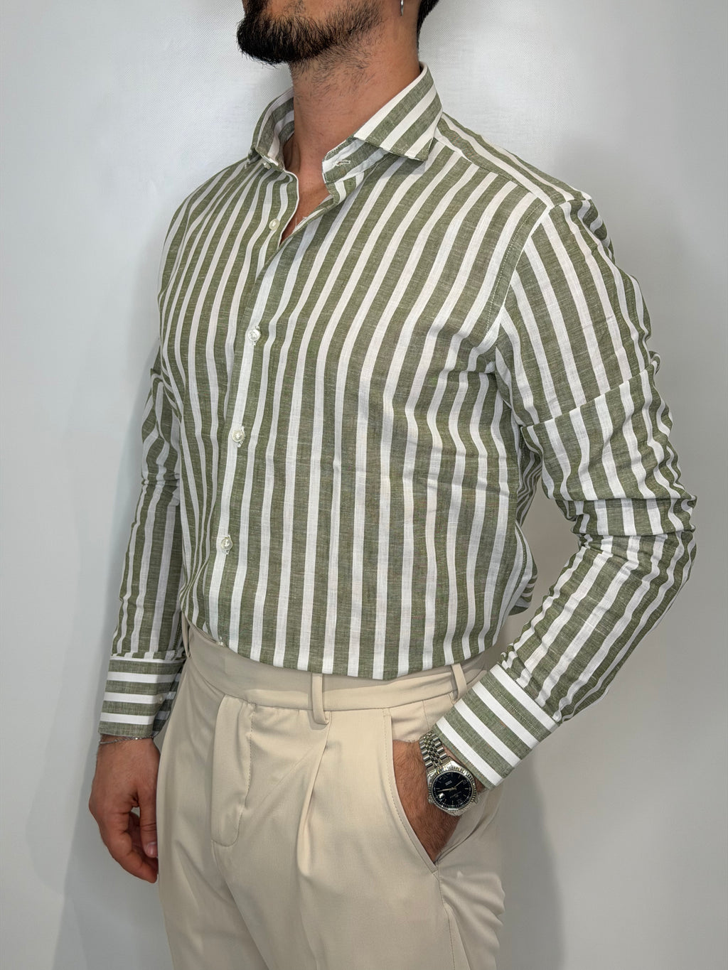 Camicia Lino Riga Doppia Oliva