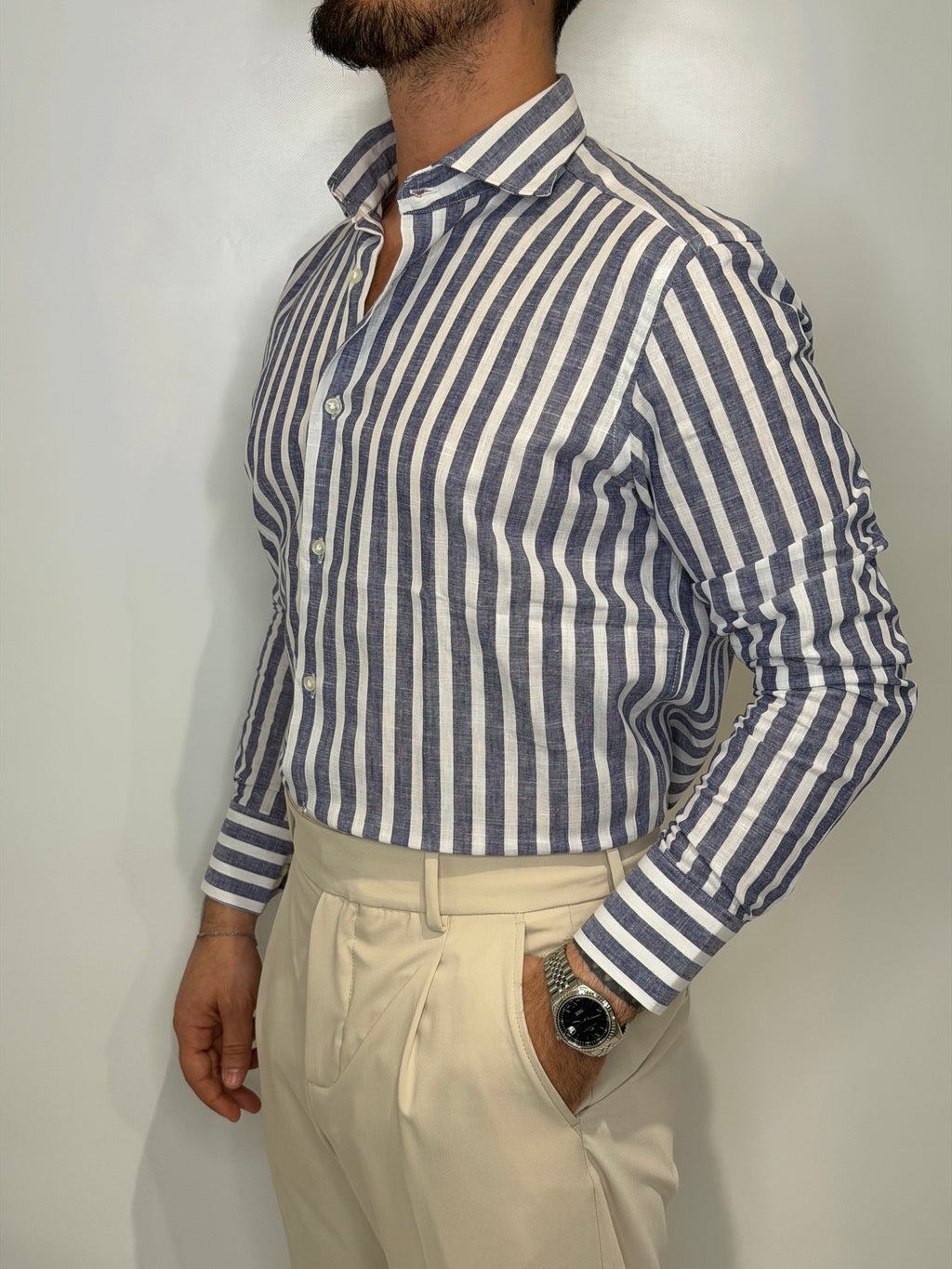 Camicia Lino Riga Doppia Blu